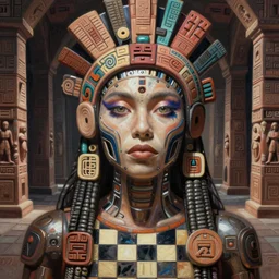 beautiful aztec inca woman half - length portrait by eddie mendoza hyperrealism expressive eyes cyborgess checkmates symmetrical very very detailed giger beksinski corridor
