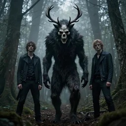 style artgerm, joshua middleton, jesper ejsing, scary wendigo with antlers and skull face mixed with werewolf, in the forest, detailed, dark and foggy, cinematic lighting