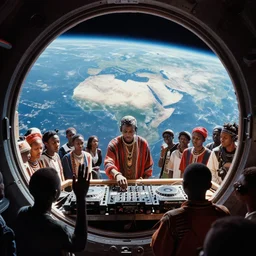 analogue photo of an African tribal-DJ with his crowd on a spaceship, planet earth seen from space through porthole window, wide angle,