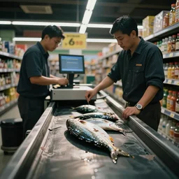 dead fish on conveyer belt being scanned by checkout assistant at supermarket checkout, very detailed