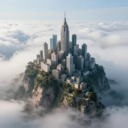 grand scale. city built into a mountain peak, above the clouds, clouds below. beautiful. matte painting, artstation 4 k.