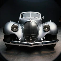 3 d fisheye, low angle, wide angle, hyperrealistic photo showing front of exaggerated 1 9 3 0 s car, shiny, aerodynamic, dramatic lighting