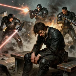 an intense battle rages behind an android soldier sitting on a bench, laser blasts, dramatic, he is sad, hunched shoulders, detailed concept art by caravaggio and greg rutkowski and ruan jia and artgerm