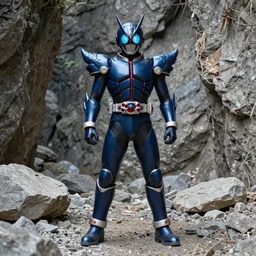 High Fantasy Kamen Rider standing in a rock quarry, full body, 4k, glowing eyes, daytime, rubber suit, dark blue segmented armor, dragon inspired armor, centered