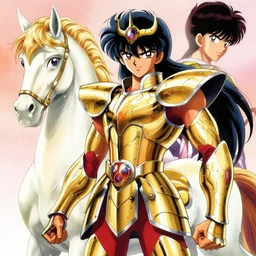 portrait of Pegasus Seiya wearing armor by Masami Kurumada and Mazakasu Katsura