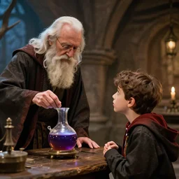 a young, curious wizard watching an elder wizard making a potion, in the style of juan pablo machado