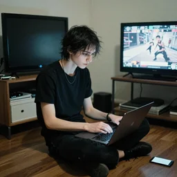 a skinny goth guy sitting on the floor of his room, crossed legs, laptop, smartphone, video games, tv, faded effect, photograph, kodak film, realism,