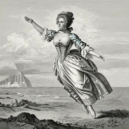 A beautiful 19th century wood-engraving of Marie Antoinette levitating over the sea, by Édouard Riou Jules Férat and Henri de Montaut, highly detailed, fine Art, high detail, masterpiece, illustration, clear eyes, trending on artstation