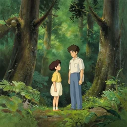 forest by studio ghibli painting, by ohara koson and thomas kinkade