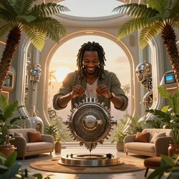 very very beautiful portrait of a jamaican man with dreadlocks, repairing a fusion reactor in a loungeroom, floating in zero gravity,  solarpunk,  detailed realistic smiling faces, surrounded by advanced elegant factory machinery, tree ferns, biomechanical, symmetrical, sunrise, golden ratio, elegant, elite, lush, atmospheric, volumetric lighting, haunting, wide angle, cinematic, trending on artstation, unreal engine, 8k, vivid and vibrant