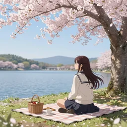 tifa lockheart, picnic, cherry blossom season, clear beautiful sky, overlooking a lake, cherry blossom petal lightly falling, breezy