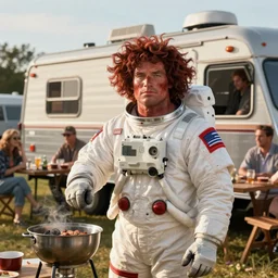 redneck astronaut summer grillparty in trailer park, detailed, cinematic photo, artstation,