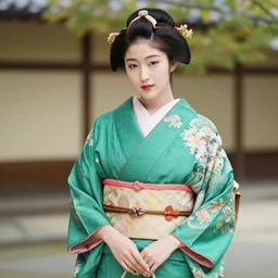 imperial beautiful woman in an intricate green kimono