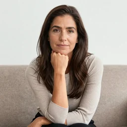 a woman sitting on a couch with her hand on her chin, a character portrait by annabel eyres, featured on cg society, studio portrait, ultrafine detail