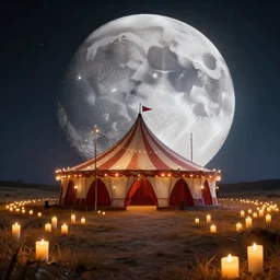 circus on the moon, landscape, magical, warm light, candles, photo realistic