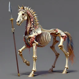 colorful. vibrant. a spiked detailed horse skeleton with armored joints stands with halberd in hand. massive shoulderplates. extremely high details. realistic. fantasy art. solo. masterpiece. bones. ripped flesh. art by zdzisław beksiński. arthur rackham. dariusz zawadzki. harry clarke.
