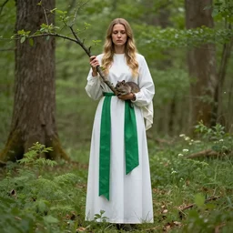 matronly woman, slightly sad expression, tall with green sashes, holding a tree branch and a small mammal, a forest springing up around her feet