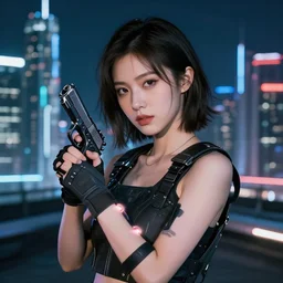 photographic portrait of a techwear woman holding a gun, closeup, on the rooftop of a futuristic city at night, sigma 85mm f/1.4, 4k, depth of field, high resolution, 4k, 8k, hd, full color