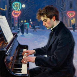 winter, attractive male playing piano, neon light, painting by gaston bussiere, craig mullins, j. c. leyendecker