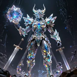 Powerful humanoid entity with iridescent crystal armor and a planet destroying weapon, supervillain overlord (iridescent, beautiful, technological, galactic, hyper-detailed, mega-detailed, realistic, cinematic, octane render, concept art, dark, cosmic, ominous, dramatic, lovecraftian, symmetric, swords, colorful and dark)