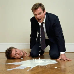 mad vince mcmahon yelling at sad james bond for spilling milk in the floor