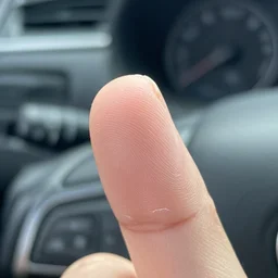 photorealistic close - up of a peeling finger!!!, macro photo, inside a car background