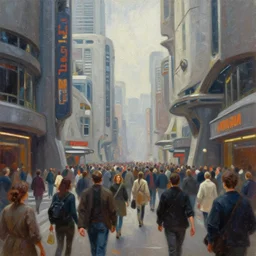 a photograph of a large! crowd! of people! walking down the street of a futuristic city scene, brutalist architecture, straight edges, shop signs, finely detailed oil painting, impasto brush strokes, soft light, 8 k, dramatic composition, dramatic lighting, sharp focus, octane render, masterpiece, by adrian ghenie, jenny saville, zhang jingna