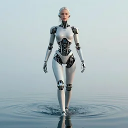 beautiful centered Fine art photo portrait of Jessica Nigri as a solarpunk robotic humanoid treading on water, white mechanical parts with led lights, photorealistic, white background, highly detailed and intricate, cinematic lighting, HDR 8k