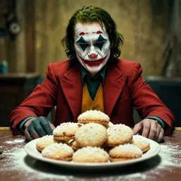 cinematic shot of the joker sitting at a table in front of a plate of flour biscuits, 8 k, very detailed, very intricate,