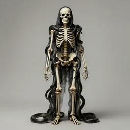 full - body portrait of a creepy realistic human skeleton wearing many black snakes and other reptiles as clothing, traditional art, dark, surrealism, german romanticism style, ornate and elegant, hightly detailed