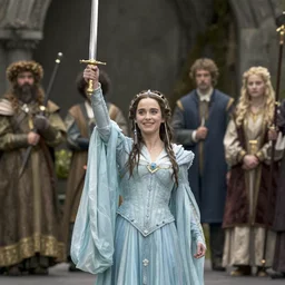 emilia clarke as the lady of the lake, holding excalibur in her rised arm by william dyce and dante gabriel rossetti and william morris and william waterhouse
