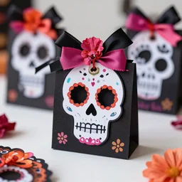 day of the death birthday party celebration, day of the dead themed birthday party favors, gifts, party favors, photo realistic, hyper realistic, detailed, sharp, focused, focused, detailed, sharp, instagram, influencer, 8 k resolution, hyperrealistic, octane render