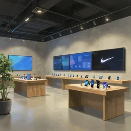 ( ( ( ( ( ( ( ( ( ( digital painting by studio ghibli hayao miyazaki ) ) ) ) ) ) ) ) ) ). 2 0 3 0 s flagship retail interior. experience. telco digital screens phones. wood, polished concrete, neon, ceiling spots. plants. samsung microsoft apple nike adidas tesla muted colors!!!!!!!!!!