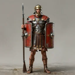 a roman legionnaire soldier in the 1 8 0 0 s. large square shield. bayonetted musket. trending on art station. 8 k. beautifully detailed. full body portrait. hyper realistic. gritty lighting.