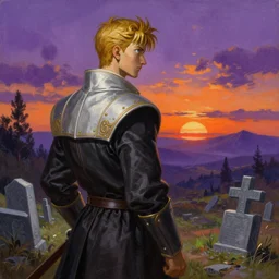 painting of raphael from soulcalibur!!!!!, watching a purple and orange sunset!!, from the black mage cemetery!!!, in the style of justin gerard!!!!