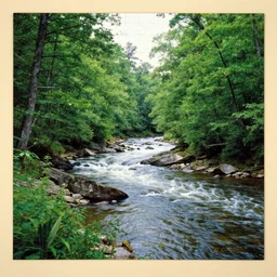 a river running through a lush green forest, a jigsaw puzzle by shirley teed, featured on flickr, hudson river school, photo taken with ektachrome, creative commons attribution, photo taken with provia