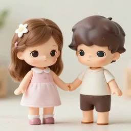 a girl doll and a boy doll holding hands, cute, innocent, beautiful, high quality,