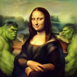 the portrait of mona lisa by leonardo da vinci but as the hulk
