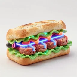 an extremely high quality photo of a surreal neon-lightsaber-sandwich, ((sandwich)) creation, a hybrid mixture of lightsabersandwich filled with lightsaber neons and sandwichlightsaberneontube patties, neon tubesauce drizzled, lightsaber lettuce, glowing sandwich, promotional photo, 4k polymer clay food photography