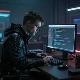 a lich, computer, writing code, cyberpunk style