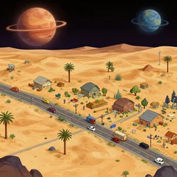main street of a small human colony, on a remote desert planet, from a space themed point and click 2 d graphic adventure game, set design inspired by robert kinoshita, art inspired by thomas kinkade
