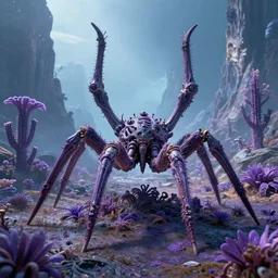 a complex, elaborate organism with six limbs and trilateral symmetry that occupies a a low gravity alien landscape with violet accented megaflora, organic details, vivid lighting with cold colors, photorealistic graphical style, mountainous environment, 3 5 mm lens