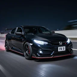incredible digital painting of a honda civic, black, vtec turbo, 1. 0 litre, mk 1 0 license plate, fk 6, stealth, night mode, whoosh, spoiler, lights, custom exhaust, wing mirrors, carbon fibre, aerodynamics, speed, horsepower, valance splitter, sports, wheel spacers, japanese