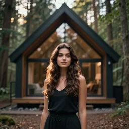 lomo photo of a brunette girl standing i front of a modern forest cabin, cinestill, bokeh, out of focus
