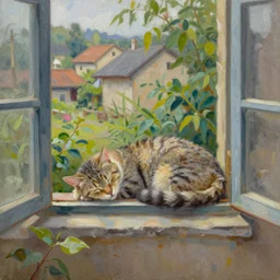 detailed oil painting of sleeping cat on window, inside house in village, plants, photorealistic imagery