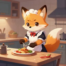 a cute anthropomorphic fox boy maid preparing dinner in the kitchen. league of legends splash art