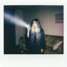 coloured atmospheric polaroid photo of a realistic banshee transparent smoky in a interior of living room flashlight light