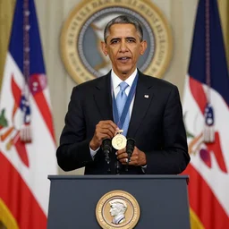 Obama giving a smaller obama a medal