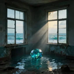 rough topaz sea flooding in through broken windows into a derelict room, by dorothea tanning, dramatic, full - hd, crepuscular rays, moody, surreal, - c 1 1