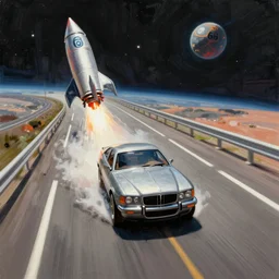 rocket car driving on the lost highway route 66 to outer space. vanishing point. Super highway. High speed. Digital painting. digital painting. Beeple. Noah Bradley. Cyril Roland. Ross Tran. trending on artstation.
